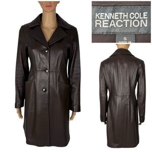 Kenneth Cole Reaction Womens Small Trench Coat Jacket Leather Vintage Y2K Brown